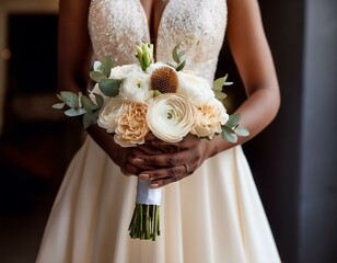 Bride with a beautiful wedding bouquet in light colors horizontal