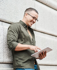 Poster - Office, building and man with tablet in communication for networking, internet and reading online news. Happy, worker and employee with technology at business for email, information and feedback