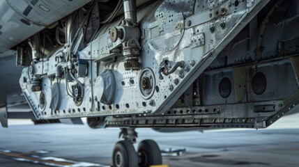 Wall Mural - A close-up of a cargo plane's wheel bay and retracted landing gear, with textures of metal and hydraulic lines, Aviation setting with technical details