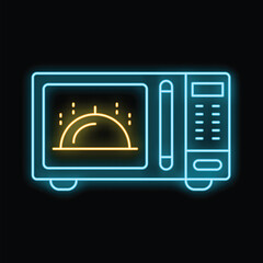 Poster - Bright neon microwave oven with dish inside is heating food on a black background