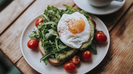 Poster - Fresh Avocado Toast with Poached Egg and Cherry Tomatoes