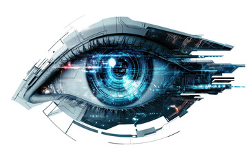 Futuristic digital eye with cybernetic elements and intricate details. Symbolizes technology, innovation, and artificial intelligence.