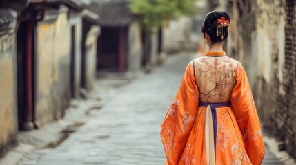 Elegant Woman in Traditional Orange Hanfu Dress