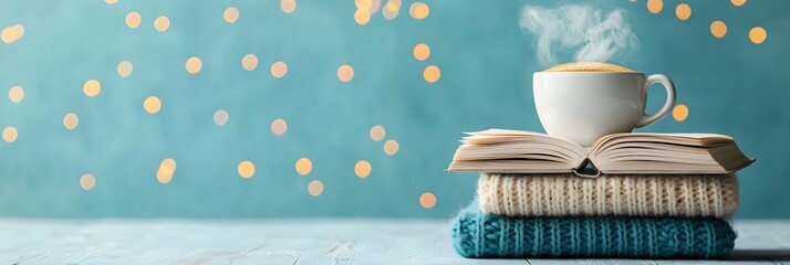 Aufkleber - A serene and inviting reading nook with a stack of books and a steaming cup of coffee creating a warm and productive atmosphere for study contemplation or leisure