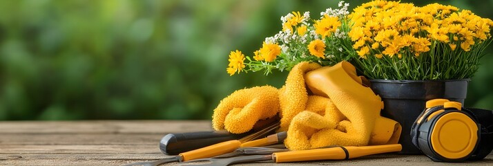 Aufkleber - Assortment of Flower Arranging Tools and Blooming Floral Bouquet Placed on a Worktable Featuring a Harmonious Composition of Colors and Textures
