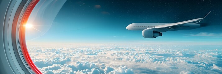 Aufkleber - Breathtaking panoramic view of fluffy white and wispy cloud formations seen through the window of a commercial airliner
