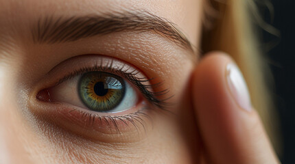 Close up view of a brown woman eyes with contact lens looking at camera