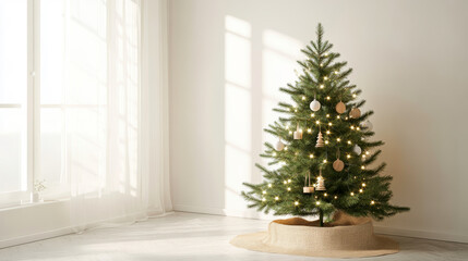 Beautiful Christmas tree in room with white minimalistic decor.