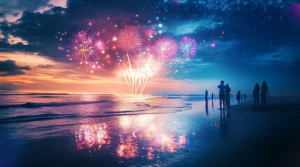 Wall Mural - Group of people watching fireworks on the beach at beautiful sunset with reflections on the shore. 