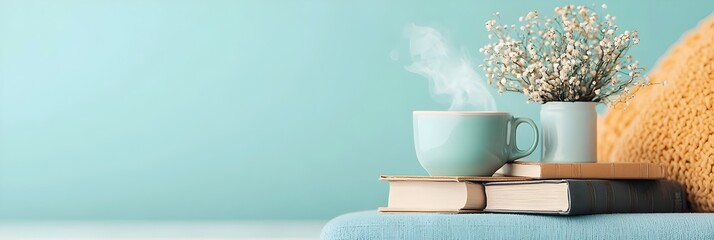 Aufkleber - Cozy and inviting reading nook setup with stacked books and a steaming hot cup of coffee placed on a wooden desk or table creating a mood of relaxation study and intellectual pursuit