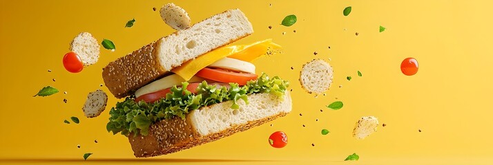 Deconstructed floating ingredients of a sandwich creating a minimalist and creative conceptual food composition on a clean white background