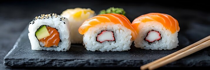 Poster - Delectable assortment of traditional Japanese sushi rolls artfully arranged on a slate serving plate with chopsticks resting nearby creating an inviting and visually appealing culinary display