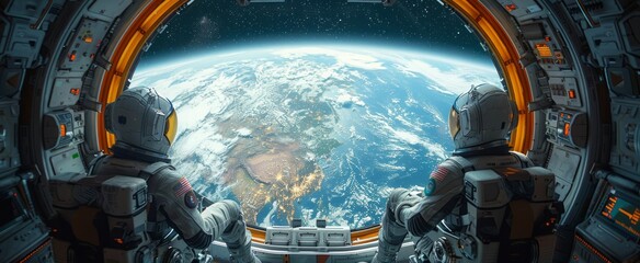 Wall Mural - two astronauts sit together, gazing out at the stunning view of earth seen from the spacecraft's win