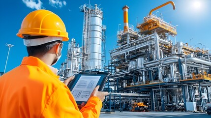 Poster - Detailed view of a large scale fuel processing plant featuring towering distillation columns heavy industrial equipment and various pipes valves