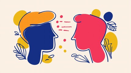 Colorful Vector Style Business Illustration Featuring Two Abstract Faces in Conversation