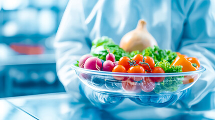 Wall Mural - A chef in a modern kitchen presents a glass bowl filled with vibrant vegetables and fresh herbs, showcasing colorful tomatoes, greens, and onions