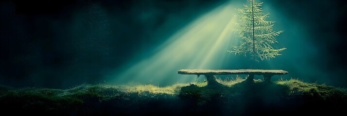 Poster - Ethereal light rays streaming through a serene tranquil forest landscape suggesting a sense of enlightenment spirituality and natural wonder
