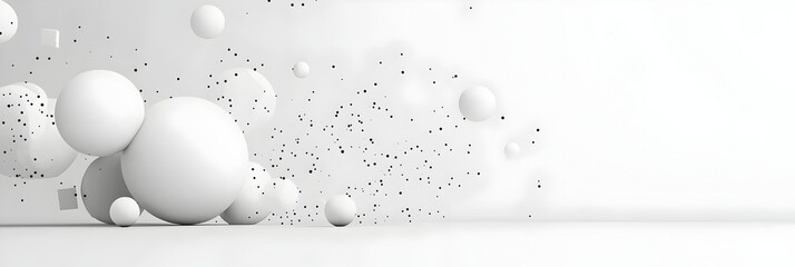 Poster - Floating abstract 3D geometric spheres and cubes with soft shadows in a conceptual minimalist and futuristic digital The dynamic composition creates a sense of balance and clean modern design
