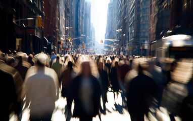 Busy street scene with groups of people walking across a crowded intersection. Fast moving crowd of people with long exposure.