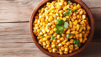 Wall Mural - Fresh Corn with Cilantro in Wooden Bowl