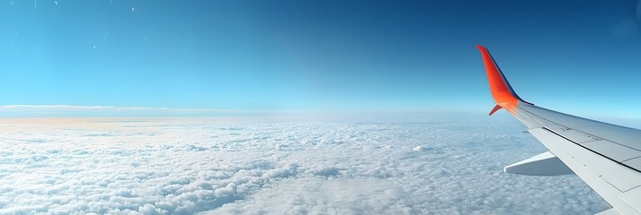 Aufkleber - Magnificent aerial view through airplane window showcasing the picturesque landscape of fluffy white clouds and the wing of the aircraft soaring high in the blue sky during a peaceful tranquil flight