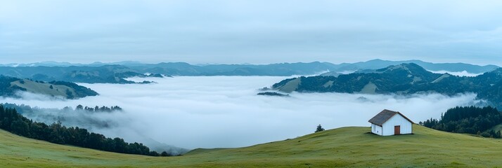 Poster - Misty ethereal landscape evoking a sense of uncertainty and the desire for adventure and discovery  Moody and contemplative
