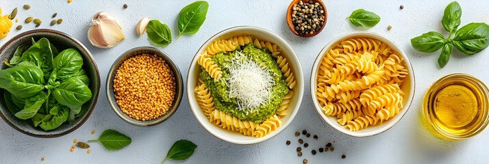 Poster - Mouthwatering Pasta Plate with Creamy Pesto Sauce and Freshly Grated Parmesan Cheese Served on a Minimalist White Ceramic Dish for a Refined Culinary Presentation