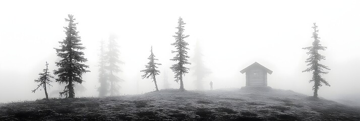 Poster - Mystical Foggy Landscape Evoking a Sense of Uncertainty and Wonder  Hazy atmospheric and dreamlike scene with rolling hills trees and a misty horizon that invites contemplation and imagination