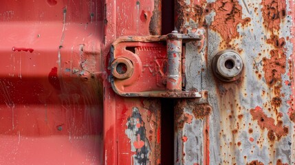 Wall Mural - A close-up of a shipping container's locking mechanism, with rust and wear textures, Port setting with rugged details