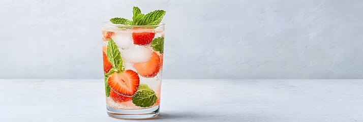 Aufkleber - Refreshing and Healthy Fruit infused Detox Water with Fresh Strawberries and Mint Leaves in a Transparent Glass Promoting and Wellbeing