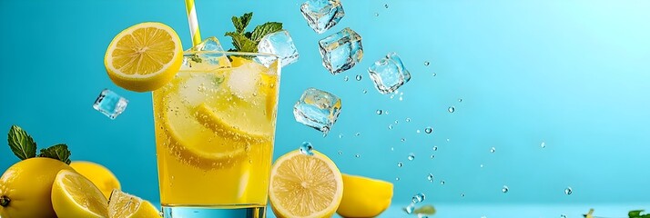 Poster - Refreshing lemonade with ice cubes creating a dynamic and splashing chill effect in a transparent glass  The icy and citrusy combination is a perfect thirst quenching and cooling summer drink