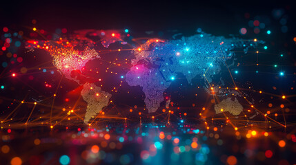 Poster - global social media network concept, world map with digital connections, night lighting, technology 