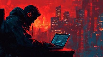 Poster - a faceless hacker using a laptop and wearing a hoodie represents cyber security and personal data th
