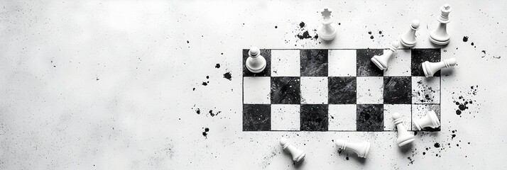Poster - Scattered chess pieces on a chessboard illustrating the concept of strategic thinking problem solving and decision making  The image represents the importance of planning analysis
