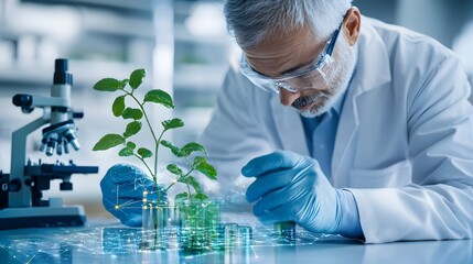 Poster - Scientist in lab coat conducting research and analysis on biofuel samples using cutting edge processing technology in a modern laboratory setting