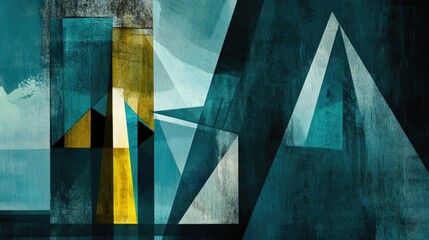 Poster - Abstract Geometric Composition in Teal and Yellow Hues