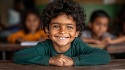 A joyful young boy smiling while sitting at his desk in a classroom, with classmates blurred in the background. His bright expression conveys excitement and happiness