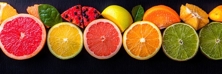 Poster - Striking top down view showcasing a visually captivating arrangement of vibrant colorful fruit slices in a circular minimalist composition  This image exudes a sense of freshness natural goodness