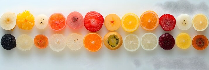 Poster - Top down view of a visually striking circular arrangement of various colorful fruit slices creating a modern and minimalist still life composition with a focus on texture geometry and vibrant hues