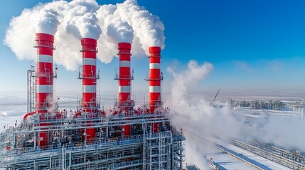 Poster - Towering industrial smokestacks emitting billowing steam and vapors into a clear pollution free sky showcasing a modern fuel processing plant or power facility in a clean sustainable environment