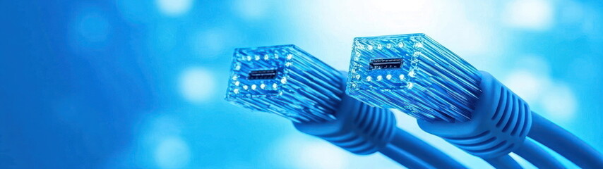 Poster - Blue Network Cable Connectors on Blue Background.