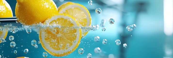 Poster - Vibrant lemon slices gently floating in a glass of crystal clear sparkling water with fizzing bubbles creating a refreshing and healthy summer drink