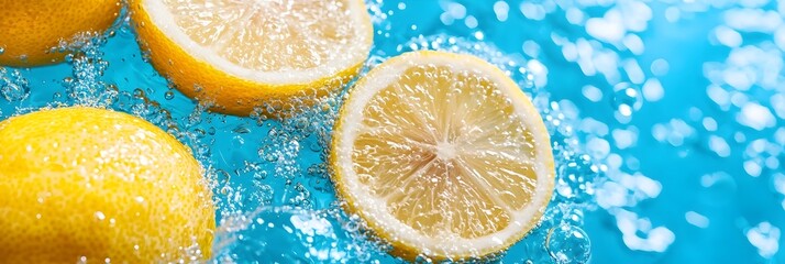 Poster - Vibrant lemon slices gracefully floating in sparkling crystal clear water creating a refreshing and invigorating visual  Fizzing bubbles add a playful and revitalizing touch