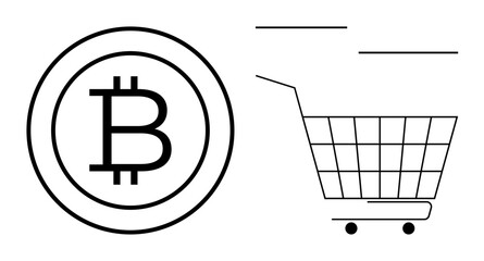 Bitcoin currency coin symbol next to a shopping cart. Ideal for online shopping, cryptocurrency transactions, e-commerce, modern payment methods, and digital economy. Simple line art style