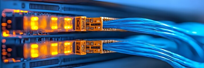 Leinwandbilder - Glowing blue fiber optic cables twisting curving and converging into an elegant futuristic geometric pattern against a sleek minimalist background