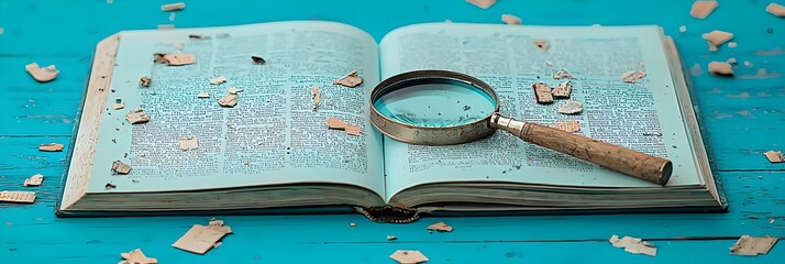 Poster - A magnifying glass resting on the open pages of an encyclopedia symbolizing the pursuit of knowledge scholarly research and the innate human curiosity to explore investigate