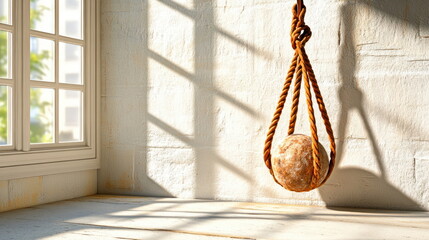 Aufkleber - Rustic Rope and Stone Sphere Hanging in a Room.