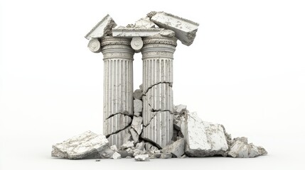 Two broken marble pillars in the middle of a white background