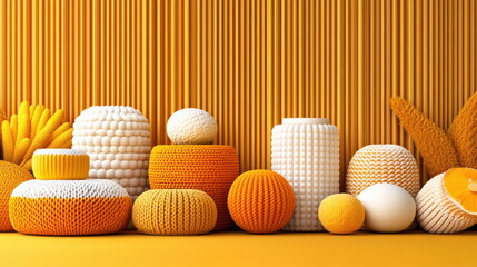 Poster - Abstract Yellow and White 3D Objects on Yellow Background.