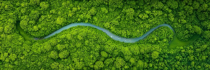 Poster - Captivating aerial perspective showcasing the natural beauty of a winding river snaking through a lush forested landscape
